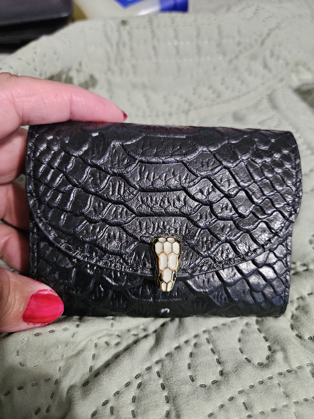 Black Snake-Embossed Leather Wallet with Gold & Ivory Clasp